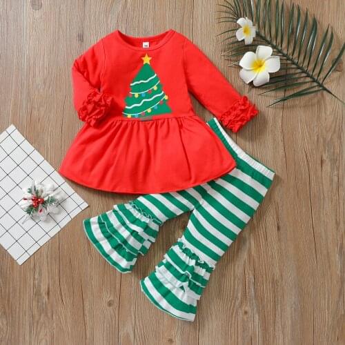 2 Pcs Infant Casual Outfits Girls Christmas Tree Print Ruffle Suits Long Sleeve Round Neck Pullover Striped Flared Pants