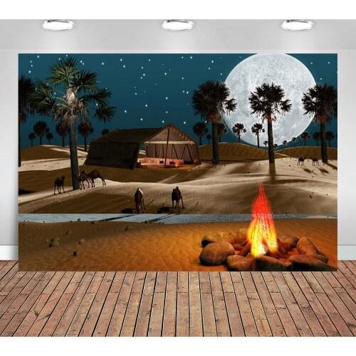 Abstract Sahara Desert Night Backdrop Islamic Full Moon Star Photography Background Muslim Culture Religion Fire Camp Tent Props