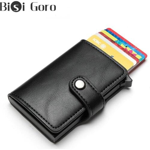 Bisi Goro Casual Credit Card Holder Hasp Smart Wallets Metal RFID Aluminum Box Slim Men And Women ID Holder PU Leather