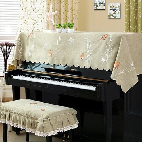 Half Piano Cover Cloth with Stool Cover Style Contains Natural Rural European Lace Bird Embroidery Dust-Proof Full Piano Covers