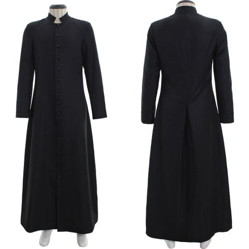 Cosplaydiy Wicca Pagan Ritual Robe Clergy Cassock Roman Orthodox Long Tabard Black &White Robu Coat L320