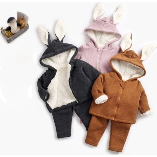 Childrens Clothing Sets Cute Baby Girls Boys Thick Warm Fleece Wool Hooded Coat+Pants 2Pcs Autumn Winter Kids Outfit Suits 0-6Y