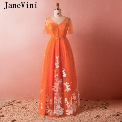 JaneVini 2018 Elegant Tulle Bridesmaid Dresses Lace Applique V Neck Wedding Guest Dress Floor Length A Line Prom Gowns Plus Size