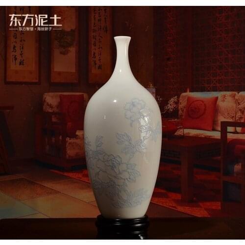 Porcelain hand-painted line carve peony ceramic vases, furnishing articles Chinese porcelain sitting room adornment