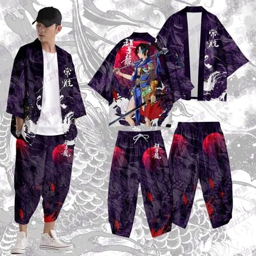Kimono Oriental Vintage Yukata New Men Casual Print Shirt Clothes Kimono Men Street Wear Coat And Pant Set