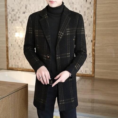 Autumn winter mens luxury brand suit collar warm wool coat men fashion striped mid-length thick black woolen coat male jacket