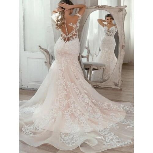 Sexy Scoop Sleeveless Mermaid Wedding Dresses See-through Appliques Tulle Vestido De Noiva Bridal Dress