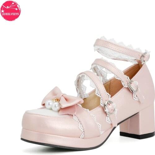 Women Kawaii Lolita Shoes Mid Block Heel Patchwork Mixed Colors Girls Mary Jane Rockabilly Pumps with Bow Lace Strap Cosplay
