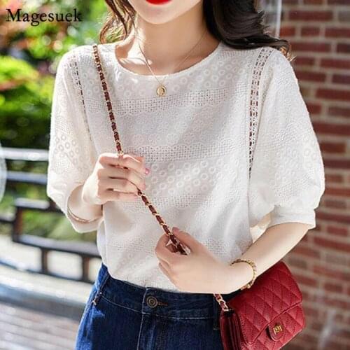 2021 Summer Korean Chic Casual Shirts Women Short Sleeve Loose Lace Woman Shirt Top Embroidery O-neck Cotton Women Blouses 13440