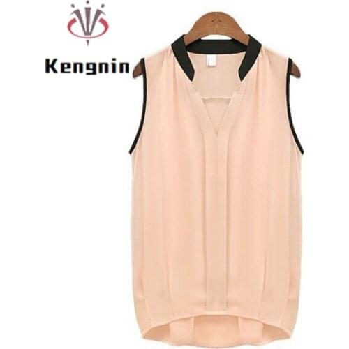 2021 Summer Women Blouse Office Lady Simple Shirts European Style Patchwork Tops Female Sleeveless Pink Chiffon Blause KN167
