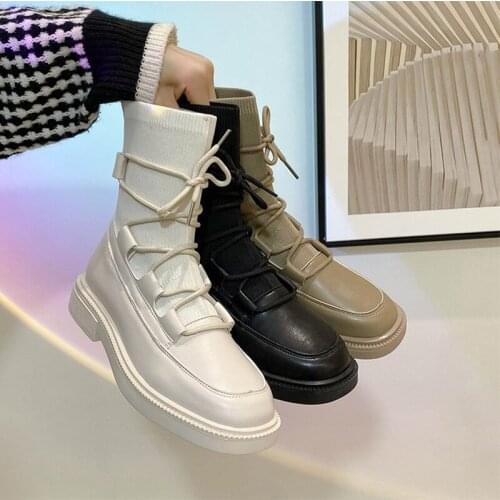 Women Stretch Boots 2021 New Fashion Female Round Toe Slip On Mid Calf Boots Elastic Lace-Up Socks Thick-Heeled Botas De Mujer