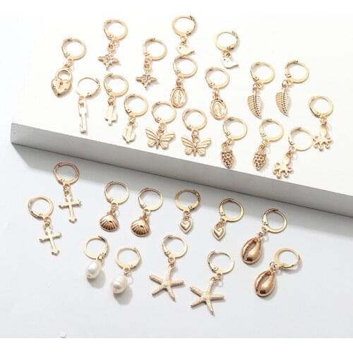 Women Cross Pearl Earrings Fashionable Crucifix Golden Alloy Heart Lock Key Starfish Shell Butterfly Drop Jewelry For Girls