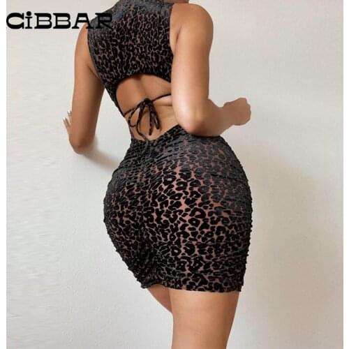 CIBBAR Flocking Leopard Print Bodycon Mini Dress Women Hollow Out O Neck Sleevelss Retro Sexy Backless Bandage Clubwear Dresses