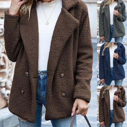 Women Autumn Winter Coat Faux Fleece Long Sleeve Lapel Jacket Buttons Warm Loose Elegant Casual Warm Female Overcoat casaco