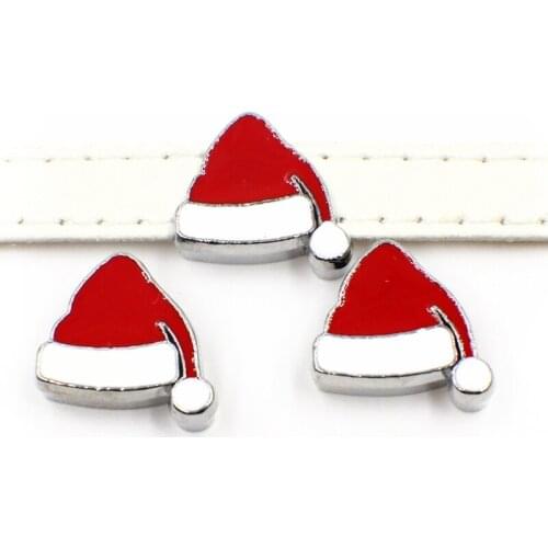 50PCS 8mm Red Christmas Hat Slide Charms Slide Beads DIY 8mm Bracelets Wristbands,Belt Straps Pet Name Collar Wholesale