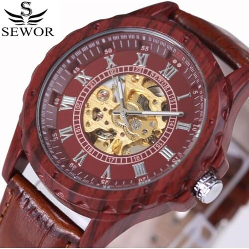 New Design Fashion Vintage Lmitation Wooden Mechanical Watches Men Leather Strap Watch Male Casual Skeleton Analog Wood Clock