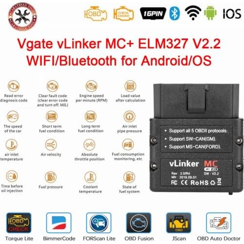 2021Newest Original Vgate vLinker MC+ ELM 327 V2.2 Bluetooth 4.0 WIFI ELM327 For Android/IOS Scanner OBD2 Car Diagnostic Scanner