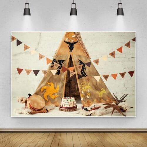 Laeacco Cowboy Tent Flag Brick Wall Cake Birthday Cuatom Backdrops Photographic Background For Photo Studio Photocall Photophone