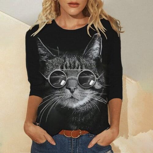 Fashion Women Funny T-shirts Summer Loose Tee Cotton Soft Tee Solid Cat Printed Long Sleeve O-neck T-shirty Damskie Streetwear
