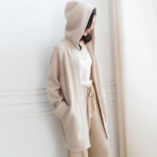 Mid-length cashmere hooded cardigan womens sweater coat thick loose lazy wool sweater autumn and winter