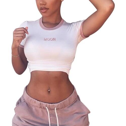 Fashion Letter Embroidery Crop Top Young Girls Color Block T-shirt Casual Style Garments