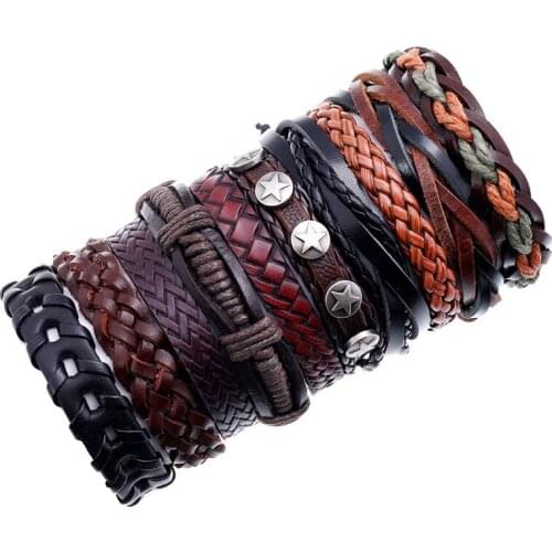 Hip Hop Men Adjustable Bangle 10pcs/set Wristband Fashion Rope Wrap Cuff Bangle Leather Bracelets Women Jewelry Accessories