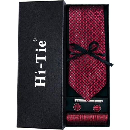 Red Ties Silk Wedding Neck Tie Checked Tie Clip Handky Cufflink Set Gift Box Tie for Business Suit Hi-Tie 150cm Wholesale C-704