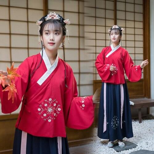 New Han Tang Dynasty Clothes For Women Chinese Traditional Ancient Winter Costumes Folk Dance Performance Stage Red Hanfu VO392