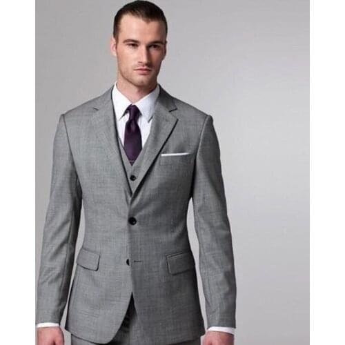 Latest Designs Gray Slim Fit Men Suits Business Prom Wear Wedding Groom Tuxedos 3 Pieces (Jacket+Pants+Vest) Bridegroom Sets