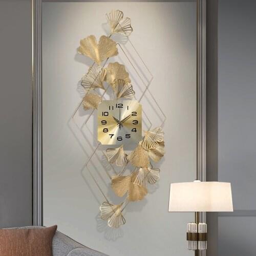 New Chinese Wrought Iron Ginkgo Leaf Wall Clocks Home Livingroom Wall Mural Decoration Hotel Lobby Entrance Wall Sticker Craft