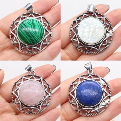 Natural Stone Lapis lazuli Pendants Round Reiki Heal Antique-Silver Color Alloy Charms for DIY Necklace Earrings Jewelry Gifts