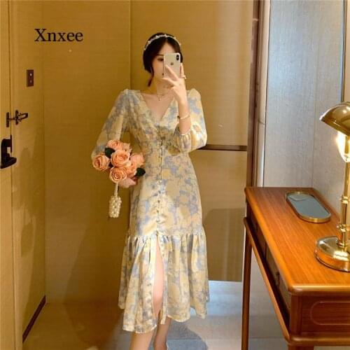 Casual Summer Womens Dress Floral Print Retro Layered Ruffle Dress V-Neck Loose Dress High Waist