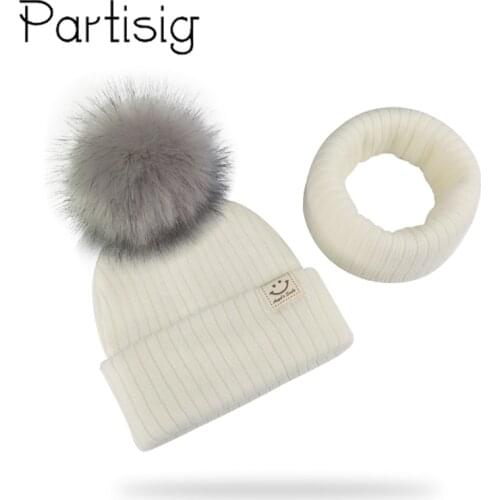 Winter Unisex Faux Fur Pompon Hat Scarf For Kids Boys Girls Knitted Baby Caps With Pompom Bonnet Childrens Accessories