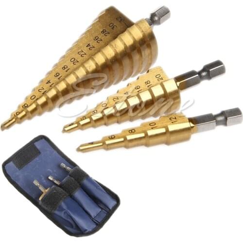 3Pcs Set Steel Titanium Nitride Coated Step Drill Bit Quick Change 1/4" Shank