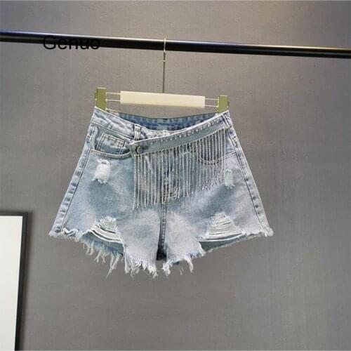 Rhinestone Tassel Wide Leg Jeans Shorts Summer High Waist A-Line Denim Shorts Women Fashion Loose Washed Short Jeans Female 2020