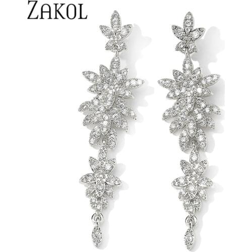 ZAKOL Exquisite Bridal Wedding Design Leaf Long Dangle Drop Earrings Jewelry Cubic Zironia Brincos for Women Bijoux FSEP2471
