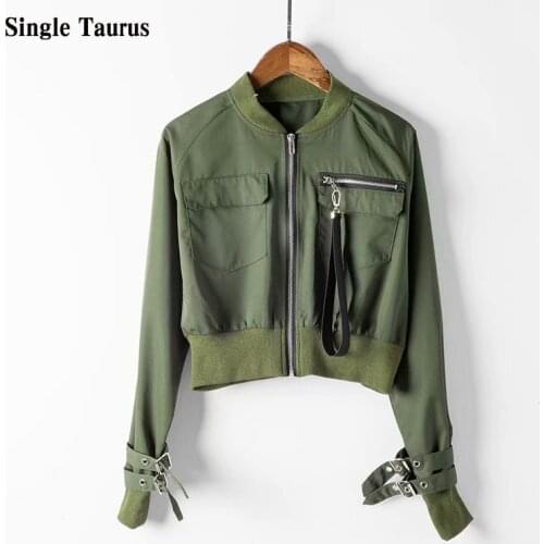 Autumn Fashion Crop Jackets Streetwear Long Sleeve Jackets & Coats High Street Chaqueta Mujer Army Green Harajuku Female Jacket