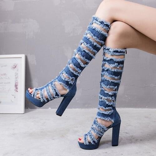 Summer Fashion 12 CM High Heels Women Denim Peep Toe Knee-High Long Boots Ladies Platform Zipper Gladiator Boots 20200303