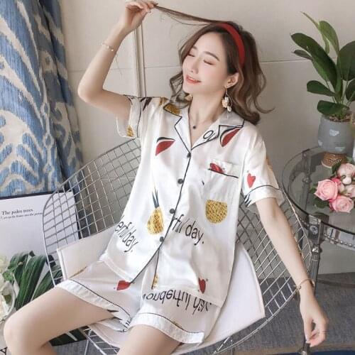 Women Summer Pajamas Pajama Set Ice Silk Cute Cats Cartoon Print Sweet Sets Short Sleeve Shorts Sleepwear Pijama Homewear M-5XL