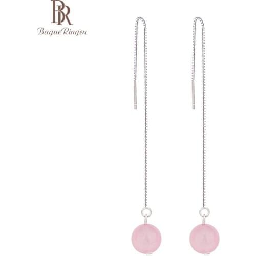 Bague Ringen Pink Crystal Drop Earrings for Women Simple Silver 925 Jewelry Round Gemstones Long Ear lines Classical Accessory