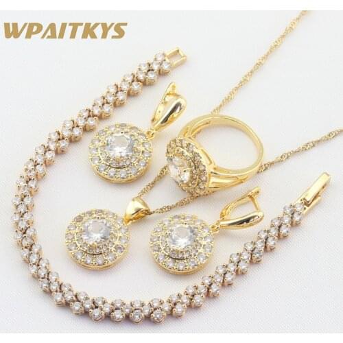 Round White Cubic Zirconia Gold Color Jewelry Sets For Women Bracelet Earrings Necklace Pendant Rings Free Gift Box WPAITKYS