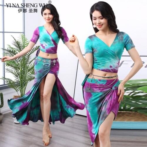 Belly Dance Costume Wear SlimFit Women Cotton Top Long Split Skirt Oriental Indian Belly Dancing Group Practice Training Clothes