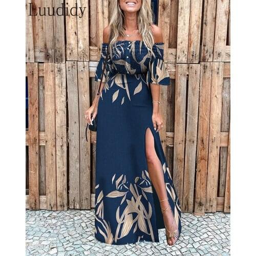 Off Shoulder Print High Slit Dress Sexy High Split Lady Party Long Dress