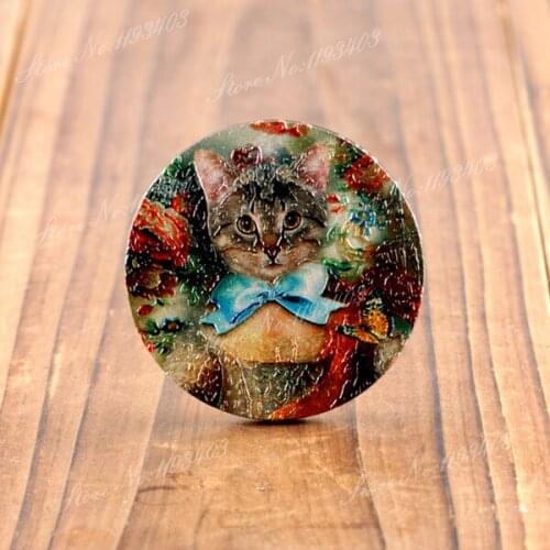 2Pcs 45mm Cat 3D Embossed Big Round Coloured Drawing Wood Cut Pendant DIY make Brooch Necklaces-(WIB-24)
