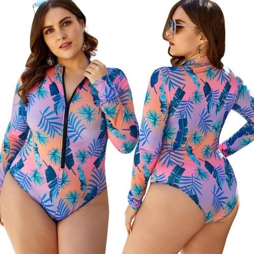 2021 Ladies Half High Neck Zipper Long Sleeve Triangle One-Piece Swimsuit Glamour Purple Printed Plus Size Swimwear Purple SW253