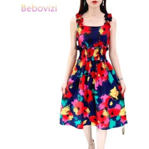2021 Fashion Summer Bright Red Black Navy Blue White Floral Womens Beach Midi Dress Casual Sleeveless Sling Dresses Clothes
