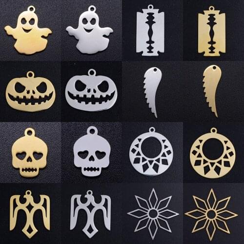 5pcs/lot Halloween Pumkin DIY Charms Wholesale 100% Stainless Steel Skull Ghost Connectors Charm Blade Cross Jewelry Pendant