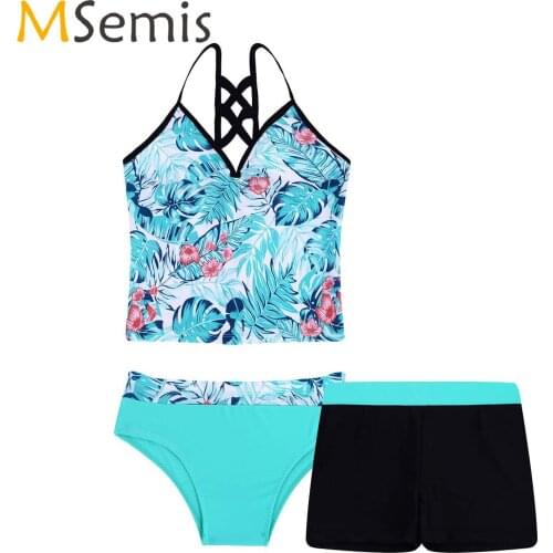 MSemis Kids Girls Tankini Swimsuit Floral Printed Swimwear Swimsuit Tops with Swimming Bottom Shorts Childrens Bathing Suit Set