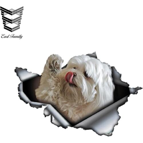 EARLFAMILY 13cm x 8.55cm 3D Maltese Torn Car Sticker Pet Dog Car Decoration Torn Metal Decal Reflective Car Styling Funny Animal