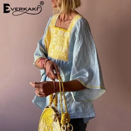 Everkaki Boho Geometric Pattern Print Patchwork Tops Women Oversize Summer Beach Plus Size Bohemian T-shirts Top 2021 Clothing